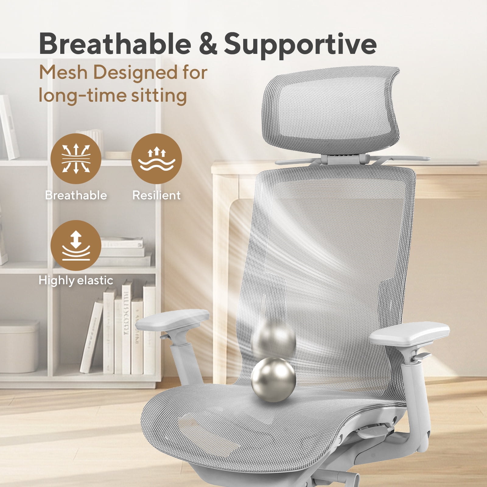 Nouhaus Airex Gray Mesh, High Back, Headrest, 3D Armrests, 3-Level Tilt, Wide Cushion Office Chair for Home & Office
