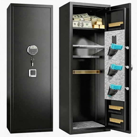 Gun Safe,Heat-Resistant Heavy Duty Gun Safes,Rifle Safe With Biometric Gun Safe,Large Safe No Assembly Required, Security Safe for Home with Adjustable Shelves,Black (57.09×13.7×11.81 inch)