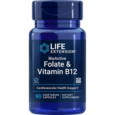 Life Extension BioActive Folate & Vitamin B12, promotes heart, brain & GI tract health, non-GMO, gluten-free, vegetarian, 90 capsules