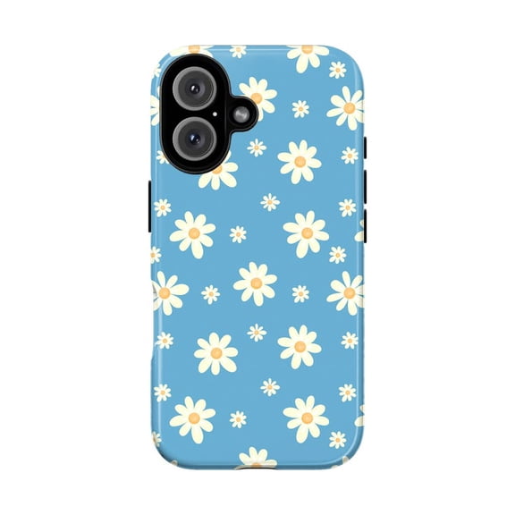 Cute Blue Daisy Floral Phone Case, Aesthetic White Flower Pattern Cottagecore Cover for iPhone 17 16 15 14 13 12 11 Plus Pro Max Mini