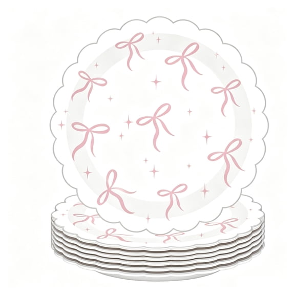 50 Pcs Pink Bow Scalloped Edge Disposable Party Paper Plates - Sweet Girly Cake Dessert Plates for Bridal Showers, Baby Showers & Girls' Birthday Dessert Table Decor