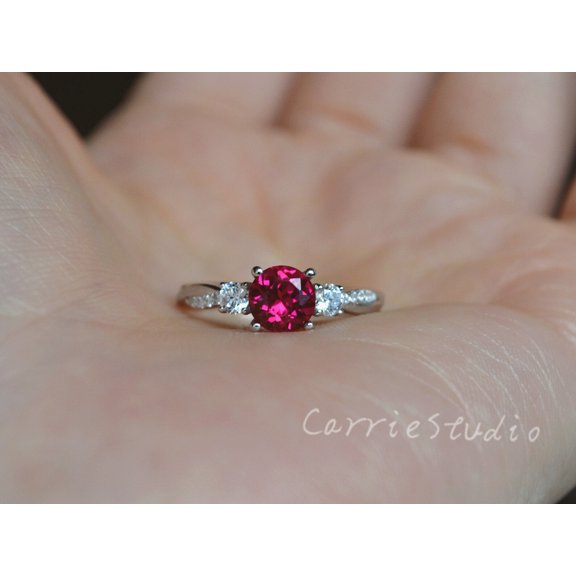 3 Stone Style Ruby Ring/925 Silver Lab Ruby Engagement Ring/Red Gem Anniversary Ring/Twist Band