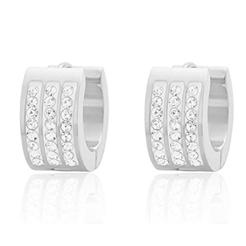 Edforce Stainless Steel 3 Row 8 AAA Cubic Zirconia Stones Huggie Hoop Earrings 9mm