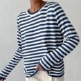 thumbnail image 4 of VISALY Pullover Crewneck Sweatshirt Striped Sweater Round Neck Knitted Pure Color Sweater Autumn Winter Classic Top Sweaters Crochet Sweaters Sweatshirts Loose Fit Hoodie Fitted Sweater Blue M, 4 of 7