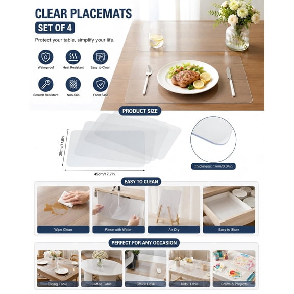 Clear Placemats Set of 4 Waterproof Plastic Table Mats Heat Resistant Washable Non-Slip Kitchen Dining Room Table Protector Mats Transparent Desk Pad for Home