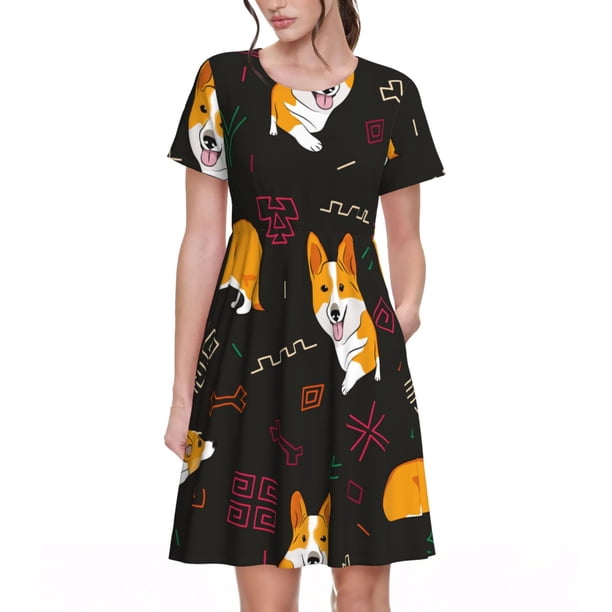 Balery Royal Corgi Vestidos sueltos de manga corta para mujer, vestidos de verano 2025, vestidos casuales de corte A con vuelo.