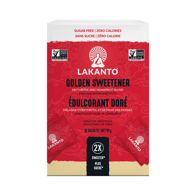 Lakanto Golden Monk Fruit Sweetener with Erythritol 2:1 Packets - 3 G x 30 Count. A red box containing 30 sachets of sugar-free, zero-calorie sweetener made with erythritol and monk fruit, ideal as a sugar substitute for baking and beverages. Suitable for ketogenic, diabetic, vegan, and paleo diets.