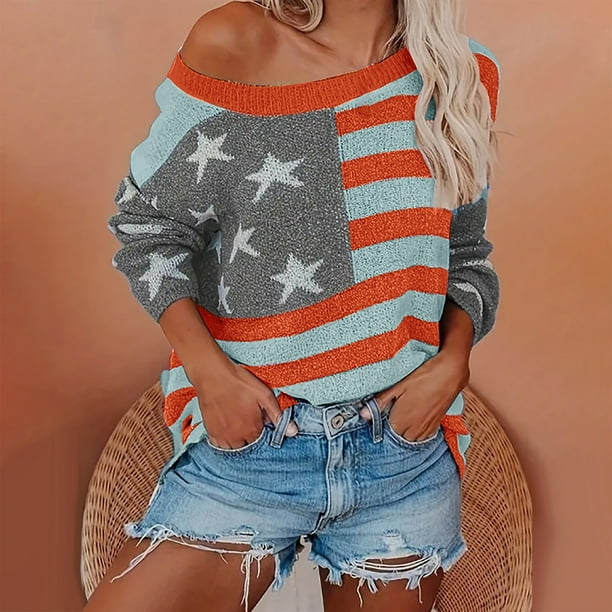 Ailaofu Women Amrican Flag Sweater Top Sleeve Off Shoulder Loose Knitted Shirt Vintage Knitwear