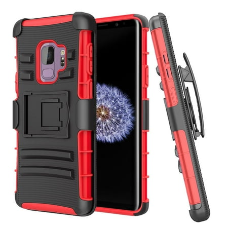 - Galaxy S9 Case, Mignova Rugged Plastic Heavy Duty Armor Holster Defender Full Body Protective Hybrid Case Cover with Kickstand and Belt Swivel Clip for Samsung Galaxy S9 Smart Cell Phone (Red)