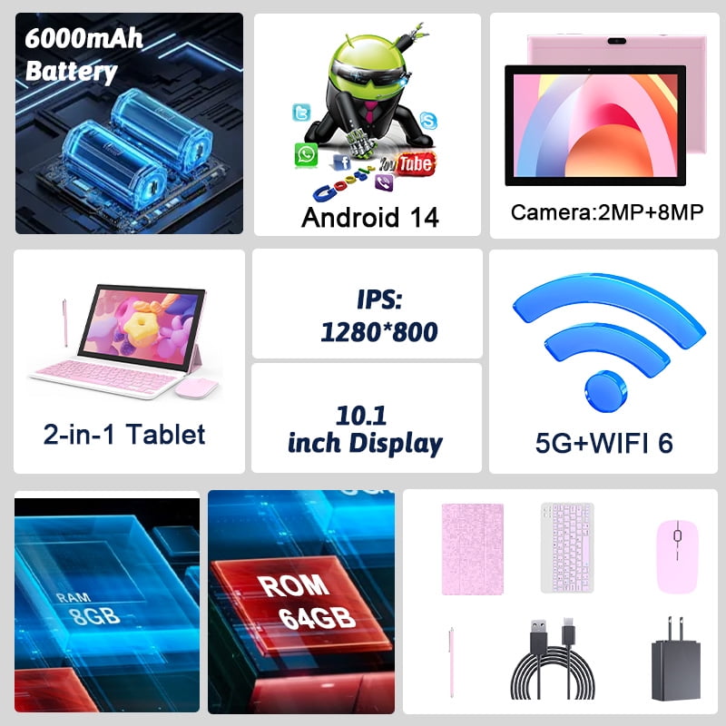 10.1 Inch 2 in 1 Tablets, Android 12.0, 64GB+4GB, 8MP Camera