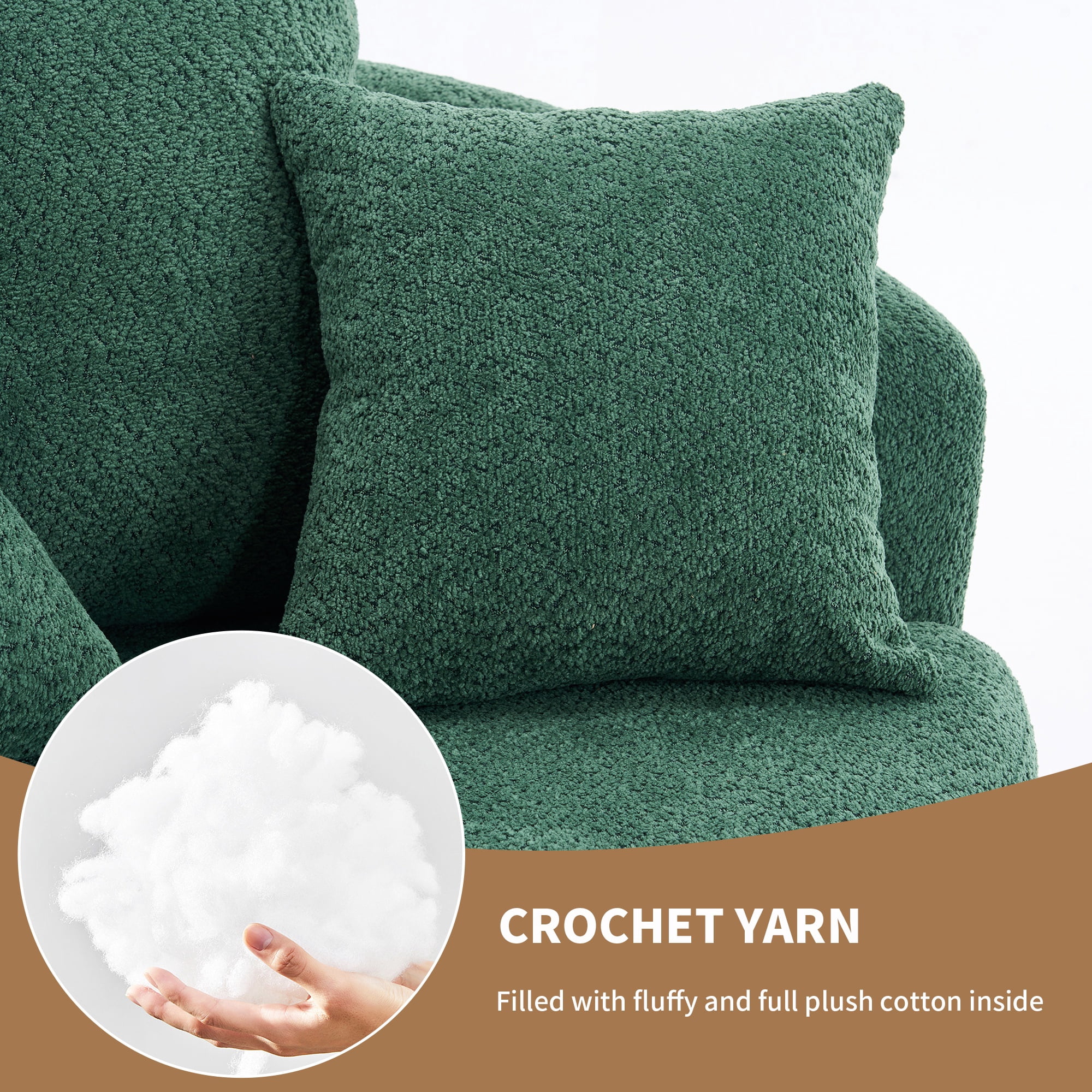 PORKISS Oversized Swivel Accent Chair Barrel Chair, Crochet Yarn Upholstered Armchair with 3 Pillows, Round Armchair Leisure Sofa Chair for Living Room Office Lounge Hotel, Green
