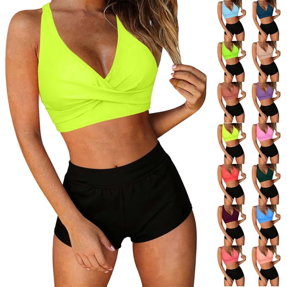 HVOBTTY Summer Women's 2 Piece Bikini Swimsuit Set Period Use Solid Color V Neck Back Built In Pad Wireless Beach Suits