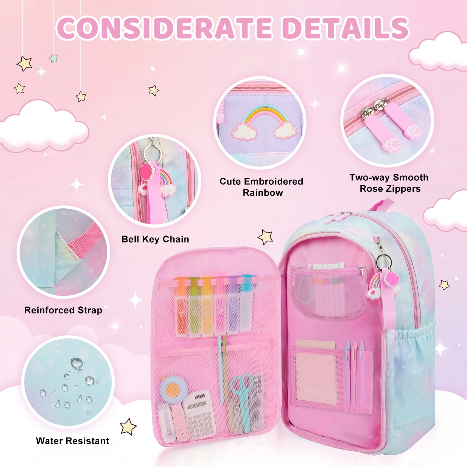 DAKIMOE School Backpack Starry Rainbow Bookbag Cute Large Capacity Backpack Multifunction Fashion Casual Laptop Travel Daypacks Kawaii Bag For Teens Students, Blue, 17 inch
