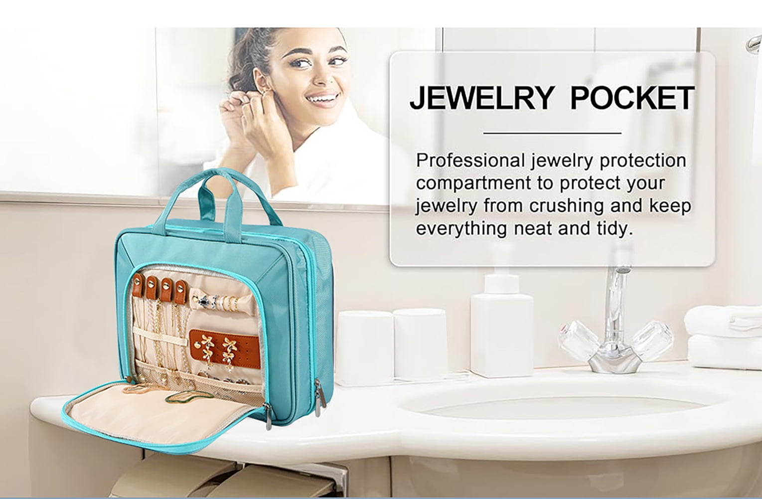 Travel Hanging Toiletry Bag, Jewelry Organizer with Dry Wet Separation, Large Capacity Cosmetic Bag with Trolley Strap, Foldable Hanging Design for Travel & Home
