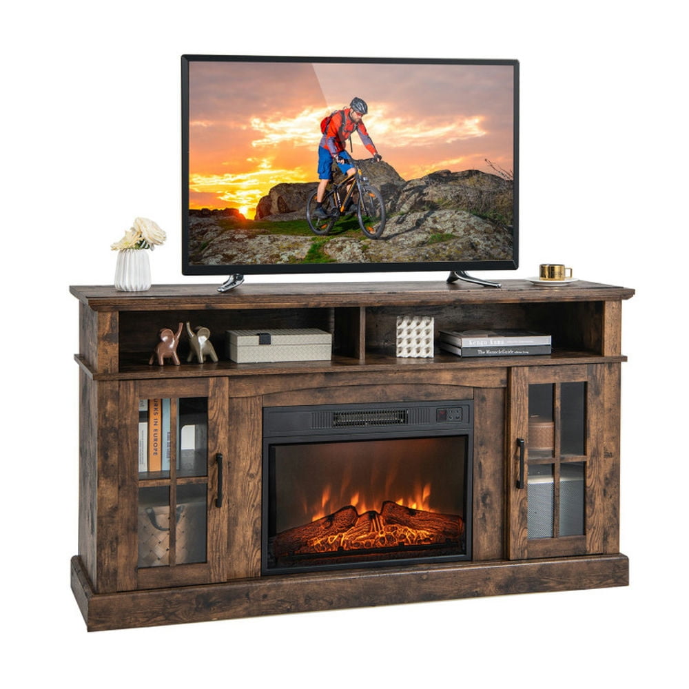 Finihen TV Stand, Entertainment Center, Fireplace TV Stand for TVs Up to 65 Inch with Side Cabinets and Remote Control, for Living Room, Brown