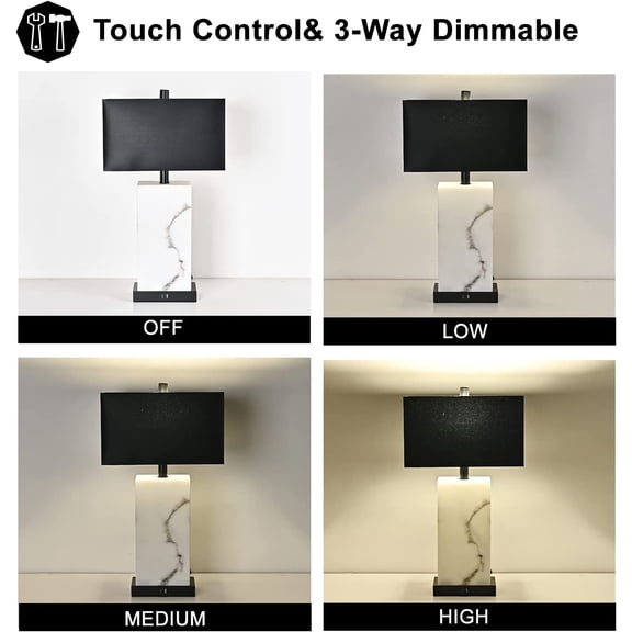 24" Black Touch Table Lamp Set of 2 with USB Ports, 3-Way Dimmable Bedside Nightstand Lamps for Bedroom Living Room End Tables, Night Stand Light Side Lamp Faux Silk Shade, Bulbs Included