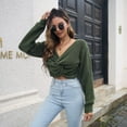thumbnail image 4 of Defitshape Women's Long Sleeve Crop Top Knit Sweater Waffle Knit Sweater Lightweight Loose V Neck Twist Front Tie Knot Pullover Sweaters Army Green Small, 4 of 4