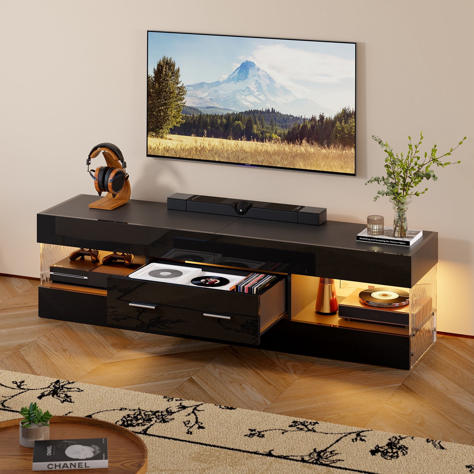 Bestier Black TV Stand for TVs up to 65", Modern Entertainment Center for TVs with LED Light, High Gloss TV Console Table with Storage Drawers