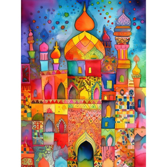 Eid Dates Mosque Temple Folk Art Watercolour Painting Unframed Wall Art Print Poster Home Decor Premium