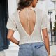 thumbnail image 4 of Top de punto calado para mujer, manga corta abombada, sin espalda, cuello en V, Top de punto a la moda para fiesta diaria, trabajo Beige L, 4 of 6