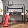 thumbnail image 2 of Tcbosik House Shaped Loft Bed with Slide and Blackboard, Twin Size Metal Bed Frame with Ladder and Guardrail, Space Saving, Black & Red, 2 of 9