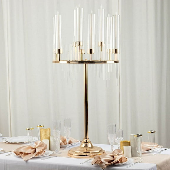 BalsaCircle 40 in Gold 9 Arm Round Metal Candelabra Taper Candle Holder Clear Glass Shades Party Events