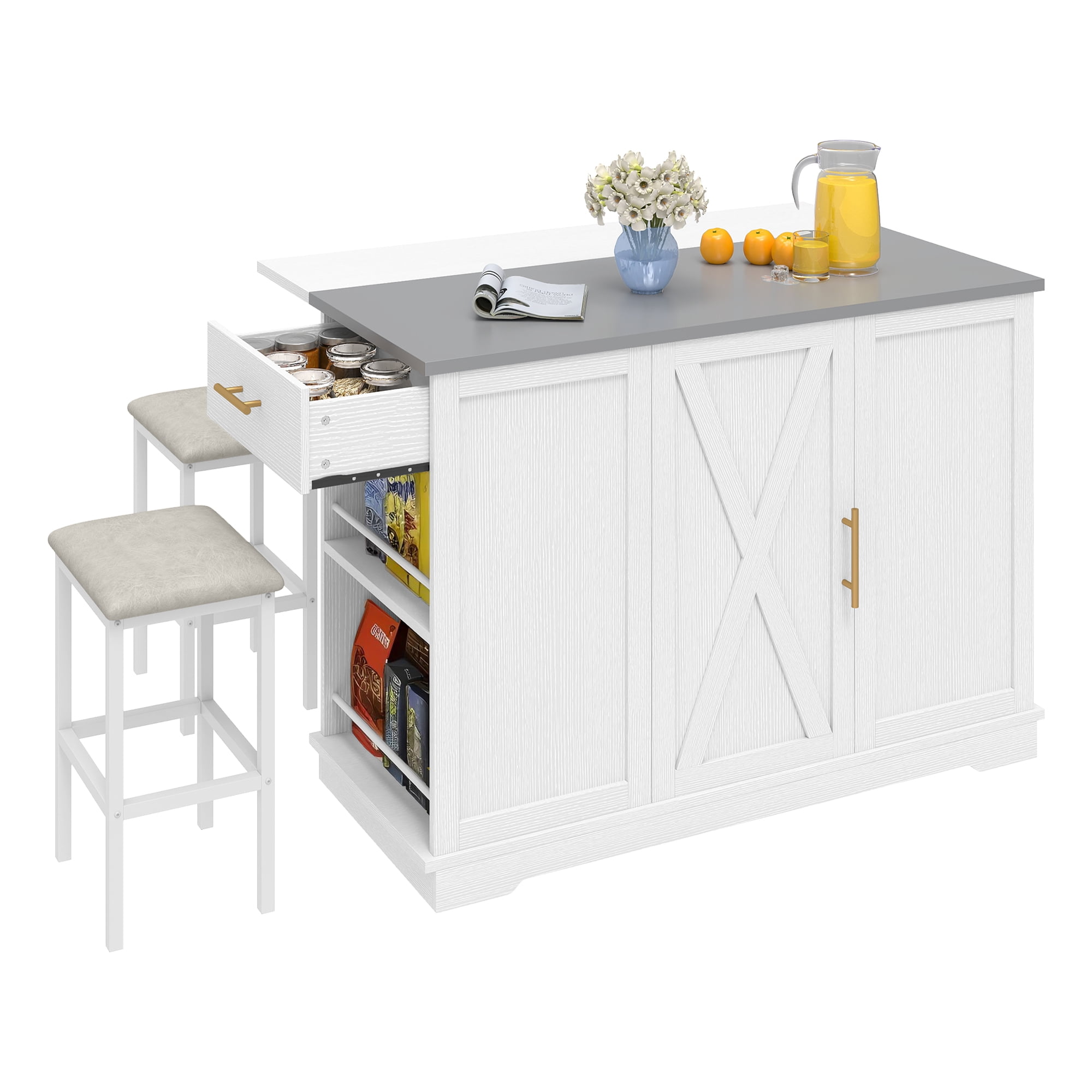 Uforic Kitchen Island with Drop Leaf & Seatings, Island with Power Outlets & Trash Storage, White
