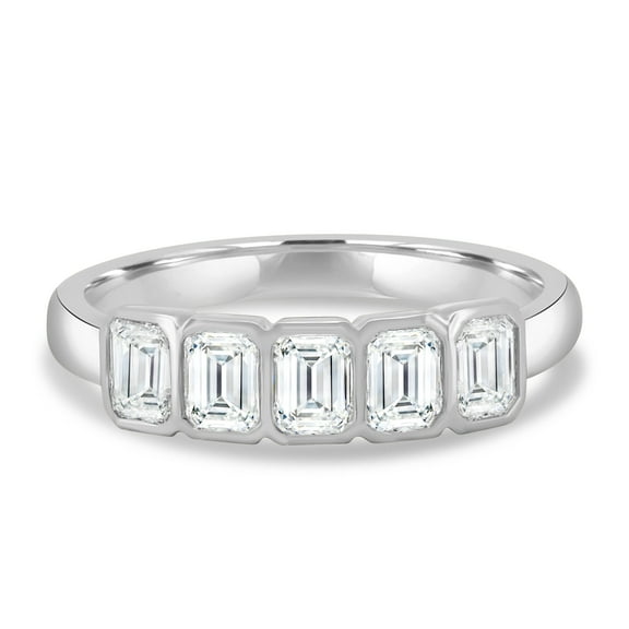 ESTE ORIGIN Moissanite 1.25Ct 5-Stone Emerald Cut Bezel Wedding Ring in 14K White Gold for Women