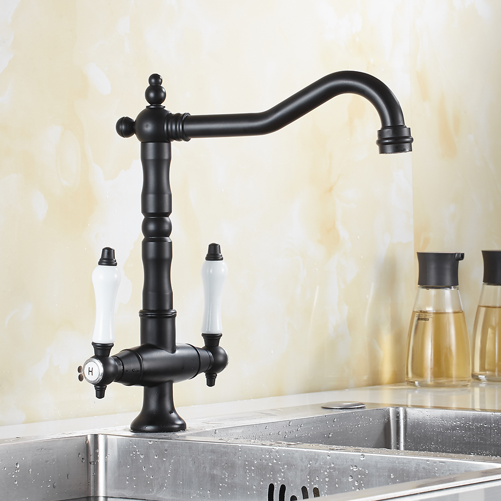 ODOMY Traditional Kitchen Tap Kitchen Sink Mixer Tap Double Handle Solid Brass Kitchen Tap Antique Bronze Brass Georgian Classic Faucet Dual Lever - image 3 of 9