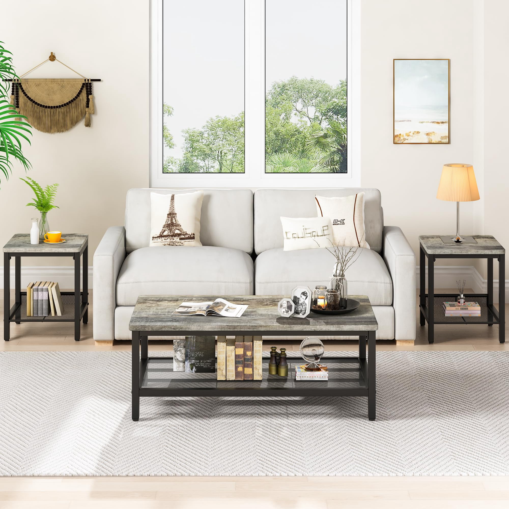 Cvortll Coffee Table Sets 3-Pieces, Modern Wood Coffee Table with 2 Square End Side Tables, Large Sturdy Coffee Table Set for Living Room, Grey