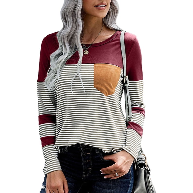 Camiseta de mujer de manga larga a rayas con dobladillo asimétrico y cuello redondo, roja XXL