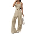 thumbnail image 2 of Women'S 2 Piece Outfits Button Down Sleeveless Sets Crop Blazer Vest and Wide Leg Pants Set Khaki M, 2 of 8
