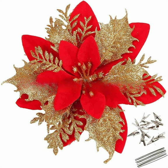 12-Piece Artificial Poinsettia Decor Kit with Clips for Festive Christmas Wreaths and Trees（red gold）