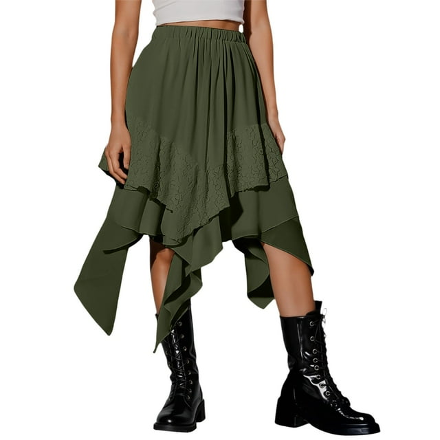 Jupe Fée Fluide Renaissance pour Femmes, Jupe Midi Asymétrique en Dentelle Contrastée Y2k, Taille Haute Élastique