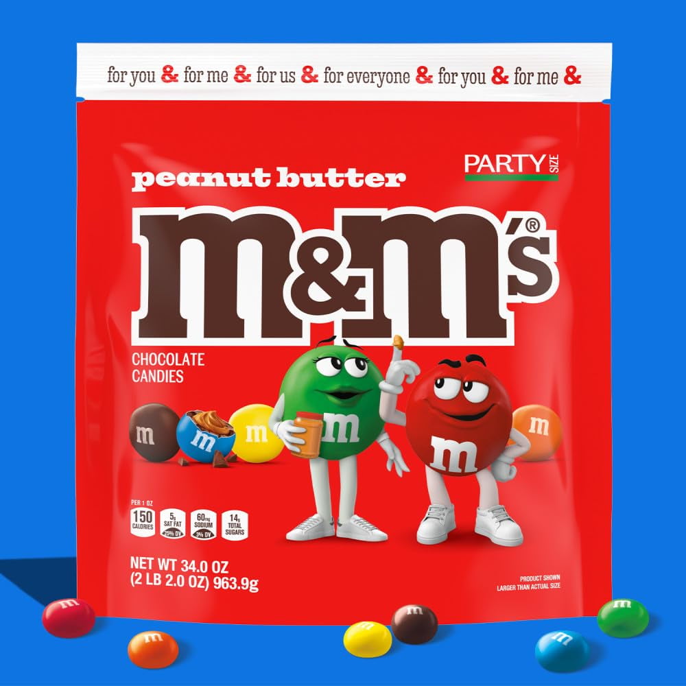 M&M'S Peanut Butter Milk Chocolate Christmas Candy, Party Size, 34 oz Resealable Bulk Candy Bag