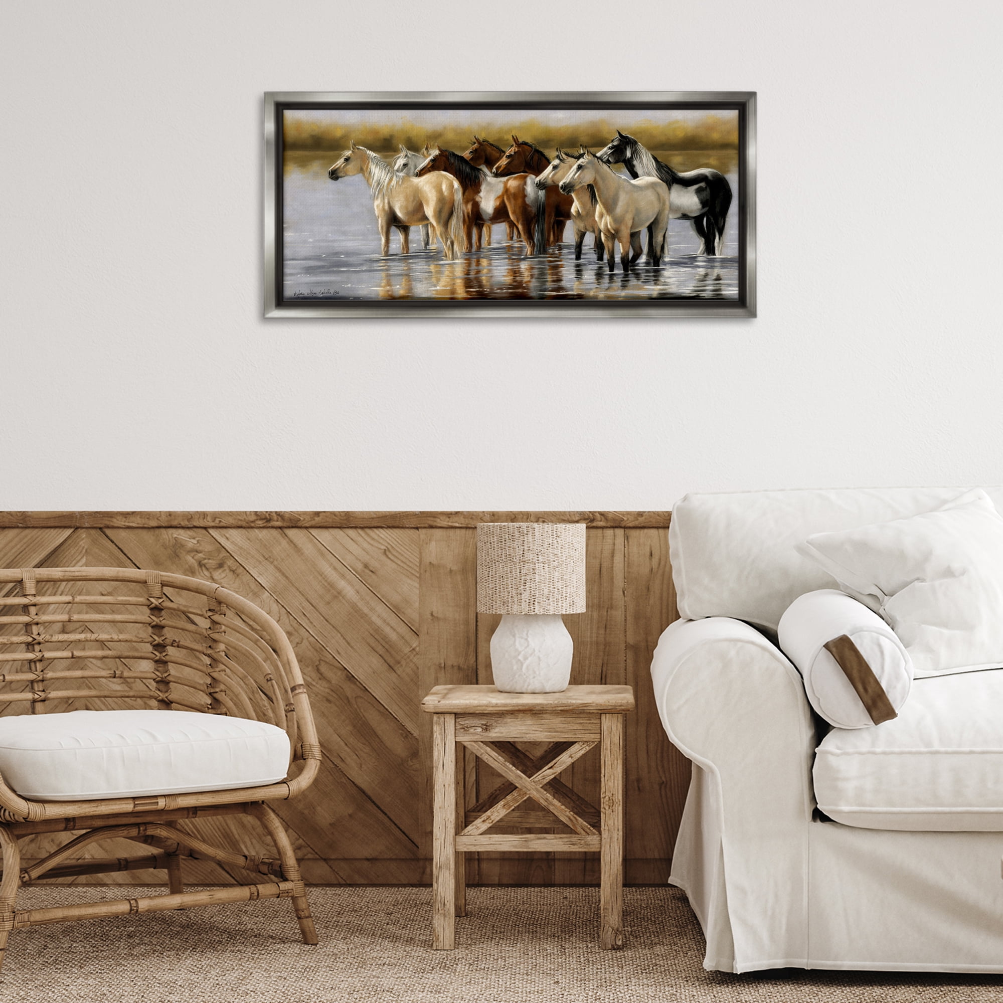 Stupell Industries Horse Herd Splashing Animals & Insects Painting Gray Floater Framed Canvas Art Print Wall Art, 31 x 14