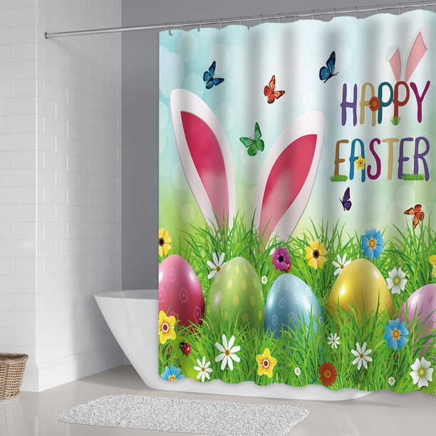 Fiudx Cortina de Ducha de Pascua, Diseño de Impresión Digital Vibrante, Tela de Poliéster Impermeable, Fácil Instalación Sin Perforaciones, Decoración de Baño, Ambiente Festivo, Incluye Ganchos.