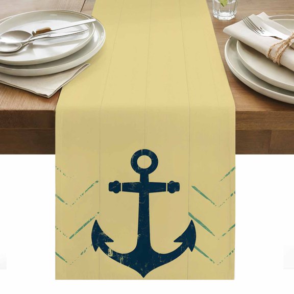 Anchor Coastal Table Runner - 120 Inch Long, Kitchen Dining Table Runner Dresser Scarves, Nautical Navy Blue Beige Ocean Farmhouse Decor for Coffee Tables Wedding Party Banquet
