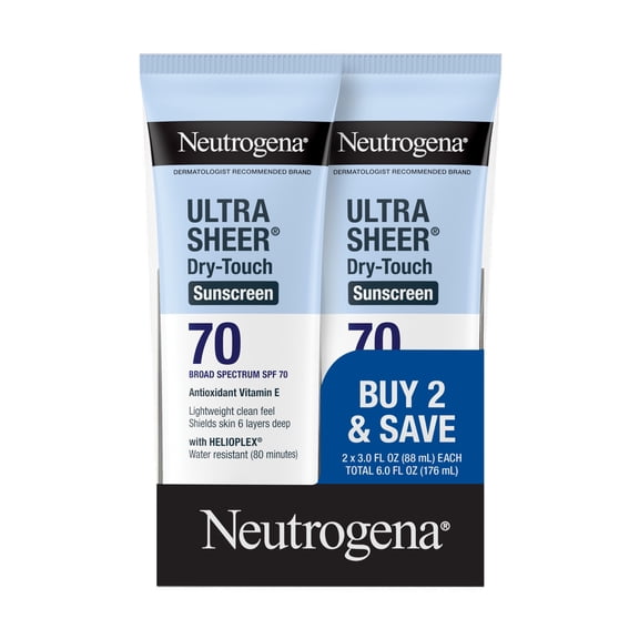 Neutrogena Ultra Sheer Sunscreen SPF 70 Body Sunscreen Lotion, Travel Size Sunscreen, 2 x 3 fl oz