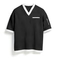 thumbnail image 3 of Ceisia Men's Casual Fashion Waffle Knit Short Sleeve Shirt - V-neck Color Block Top with Sleeve Zipper Pocket Black M Gifts, 3 of 6
