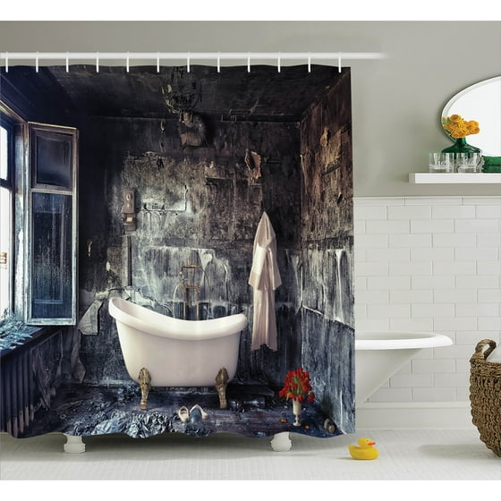 Antique Decor Shower Curtain Set, Bathtub In Old Room ...