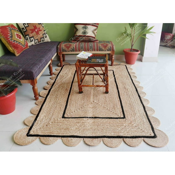 Chouhan Rugs Natural Jute Scalloped Rug Bohemian Rug Decor Rug Handwoven Rug Custom Rug Decorative Rug