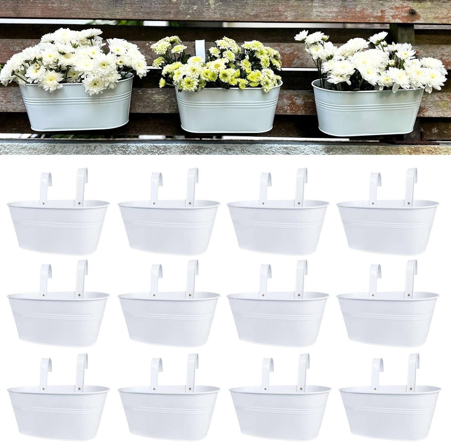 Rail Planters for Outdoor 2 Pack 11 Inch White Metal Hanging Flower Pots Deck Railing Fence Window Box Plant Holders with Hooks Porch Decor