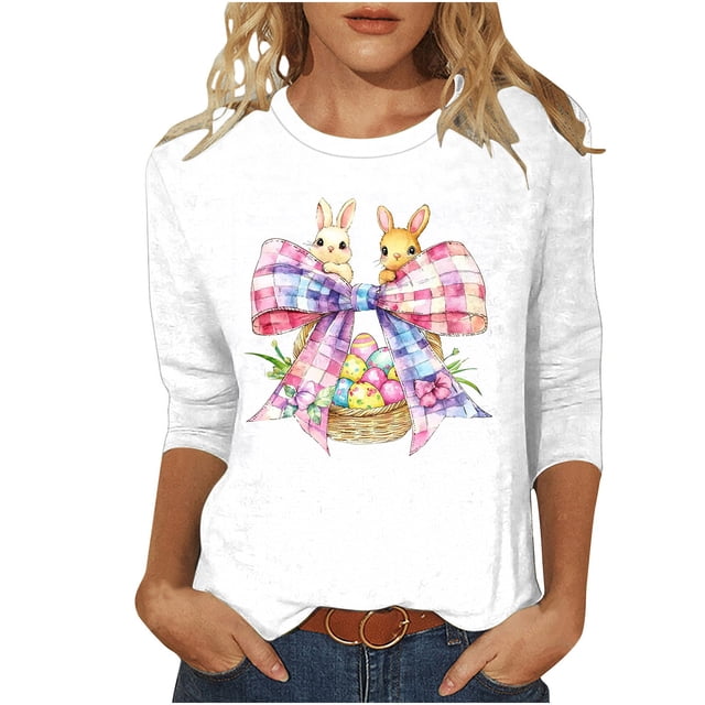 T-Shirt Imprimé de Pâques pour Femmes avec Manches 3/4 et Col Rond, Blouse de Carnaval pour Tenue Décontractée et Quotidienne