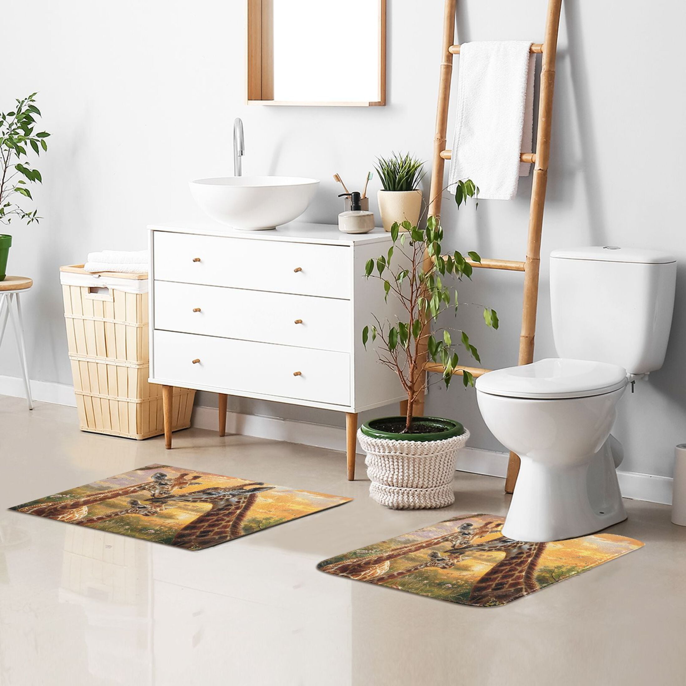 Toilet Rug Set Non-Slip Bathroom Rugs Soft Plush Machine Washable Contour Bath Mat Giraffes Family and Sunset 24x20/24x16