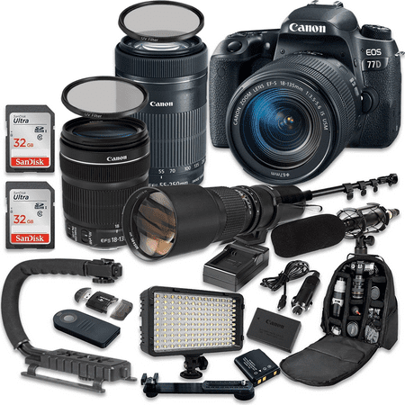 Canon EOS Rebel 77D DSLR Camera Bundle with Canon EF-S 18-135mm f/3.5-5.6 IS USM Lens + Canon EF-S 55-250mm f/4-5.6 IS STM Lens + 500mm f/8 Preset Lens + Accessory