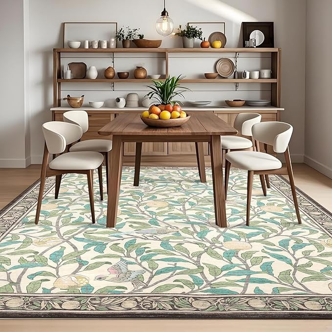 Washable 10x13 Rugs for Living Room Extra Large Non Slip Ultra Thin Area Rug for Dining Room Table Soft Farmhouse Botanical Floor Carpet for Bedroom Nursery Rug Low Pile Indoor Carpet, Beige