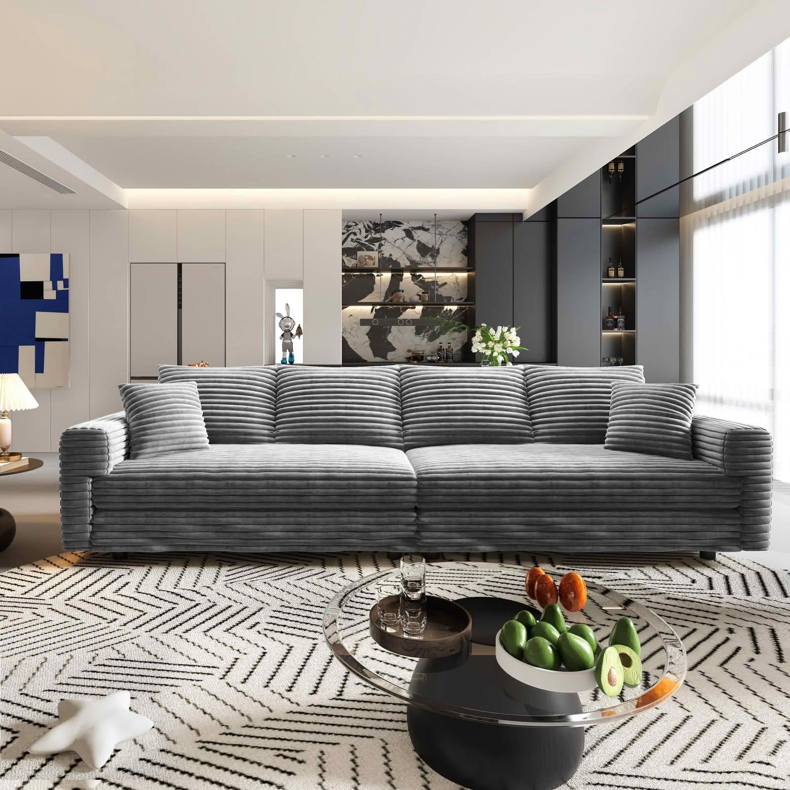 MAYEERTY 102.4" Plush Corduroy 4-Seat Cloud Sofa, Modern Comfy Upholstered Deep Seat Couch with Soft Pillows & Movable Ottoman, Convertible Sofa Lounge Chair for Living Room