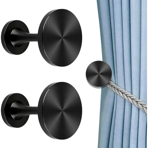 KOLAKO Curtain Holdbacks, Metal Curtain Tie Back Hooks, Elegant Round Medallion Curtain Hold Backs Wall Mounted for Window Drapery, 2 Pack, Black