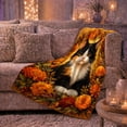 thumbnail image 6 of Black and White Kitten among Orange Autumn Flowers, Warm Folk Art Style for Cat Lovers, Fall Floral Pet Portrait and Birthday Gift, Cozy Flannel Blanket for Living Room and Bedroom, Home Decor, 6 of 9